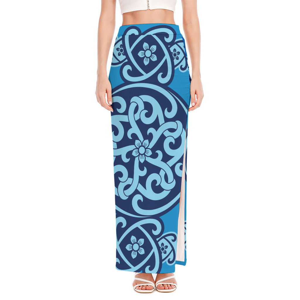 Blue Celtic Symbol Print High Slit Maxi Skirt