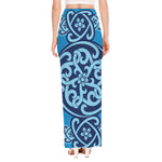 Blue Celtic Symbol Print High Slit Maxi Skirt