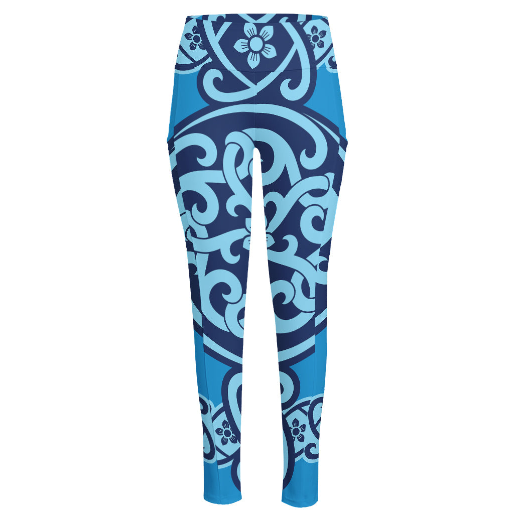 Blue Celtic Symbol Print High-Waisted Pocket Leggings