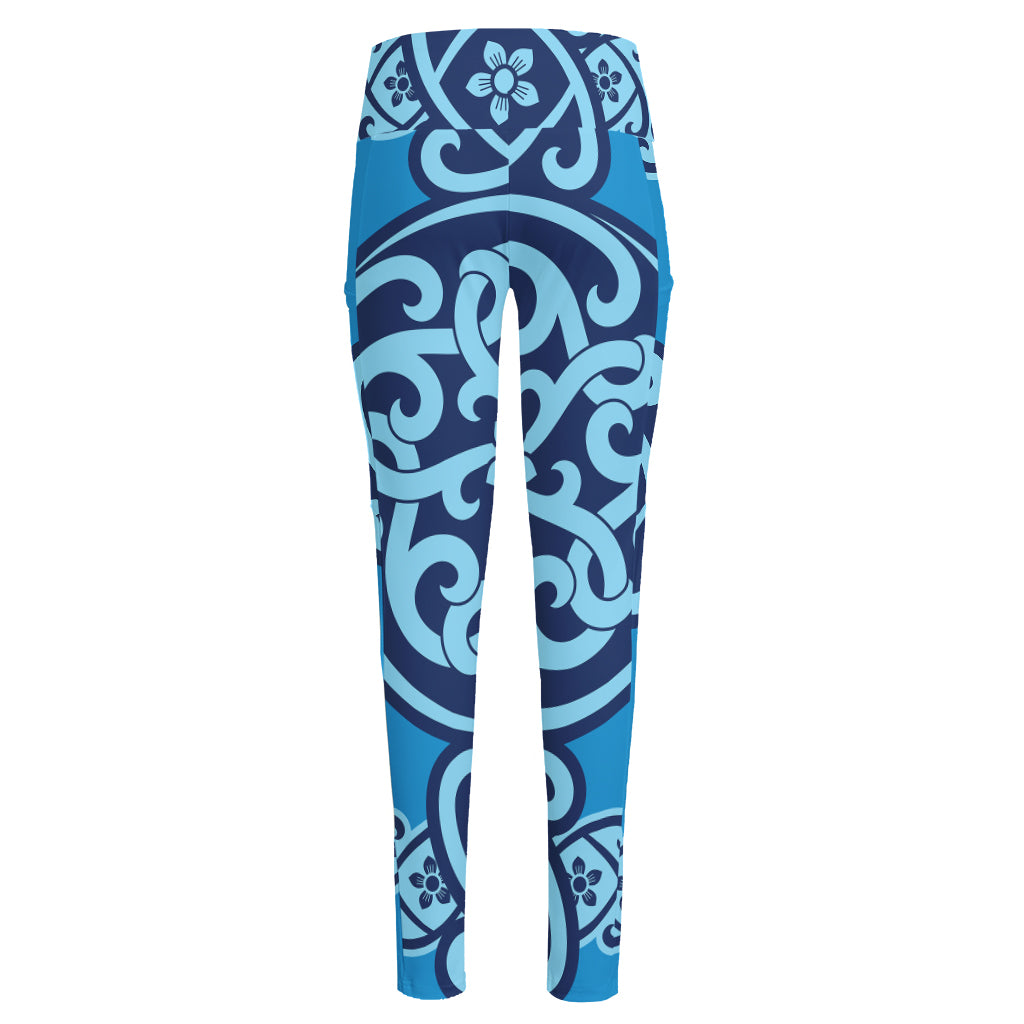 Blue Celtic Symbol Print High-Waisted Pocket Leggings