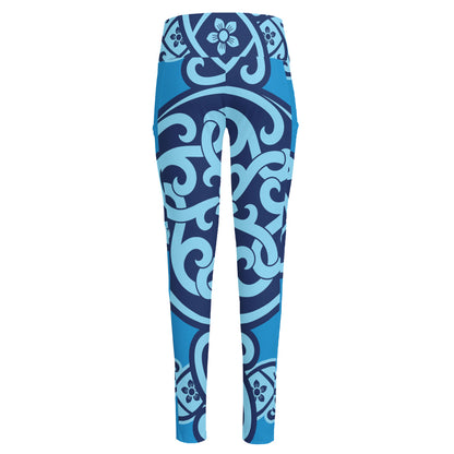 Blue Celtic Symbol Print High-Waisted Pocket Leggings