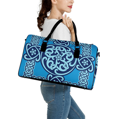 Blue Celtic Symbol Print Leather Duffle Bag