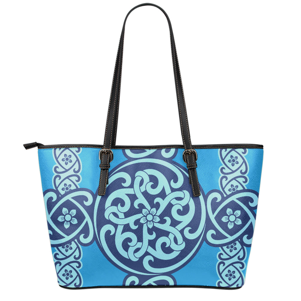 Blue Celtic Symbol Print Leather Tote Bag