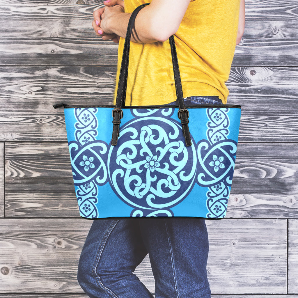 Blue Celtic Symbol Print Leather Tote Bag