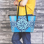 Blue Celtic Symbol Print Leather Tote Bag