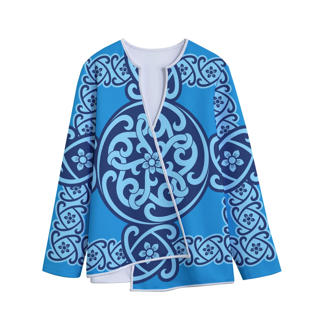 Blue Celtic Symbol Print Long Sleeve Short Coat