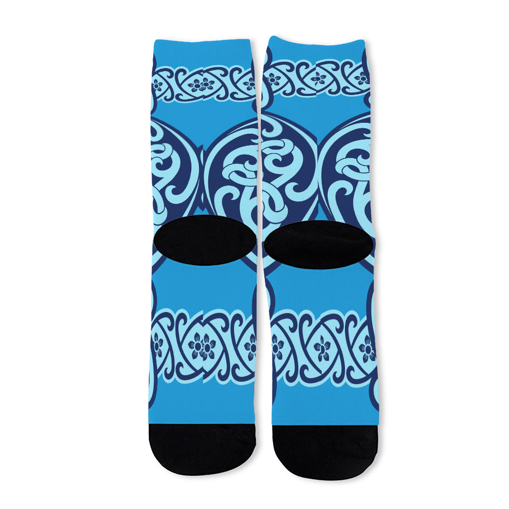 Blue Celtic Symbol Print Long Socks