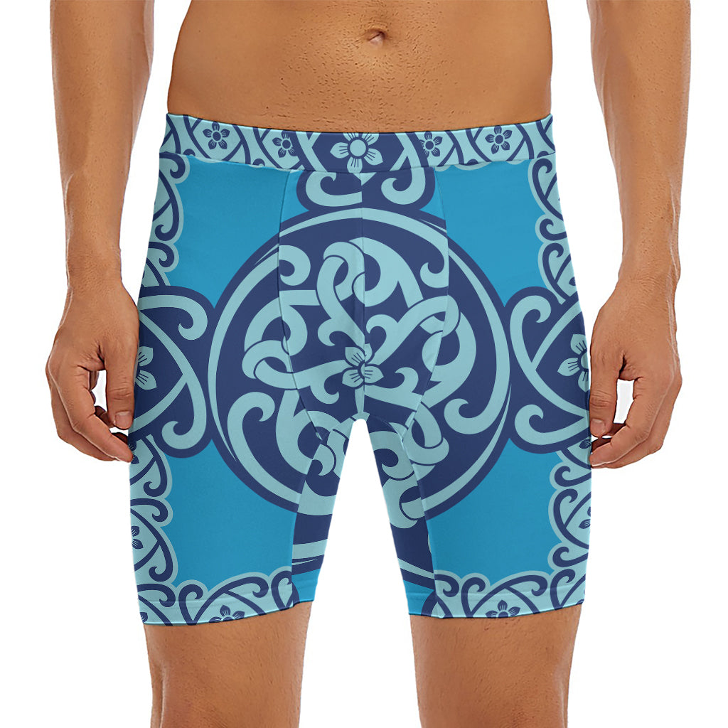 Blue Celtic Symbol Print Men's Long Boxer Briefs