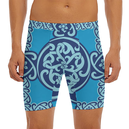Blue Celtic Symbol Print Men's Long Boxer Briefs