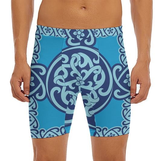 Blue Celtic Symbol Print Men's Long Boxer Briefs