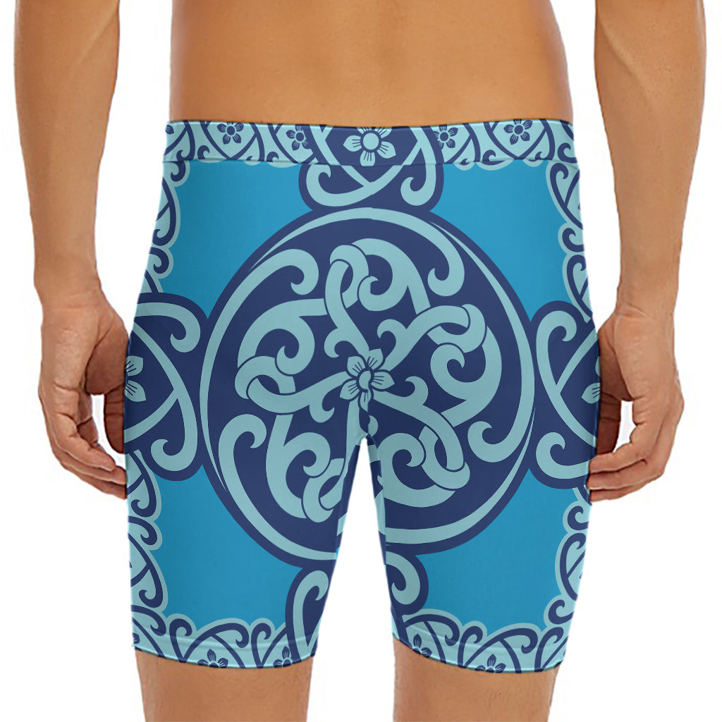 Blue Celtic Symbol Print Men's Long Boxer Briefs