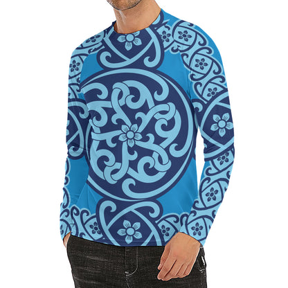 Blue Celtic Symbol Print Men's Long Sleeve Rash Guard