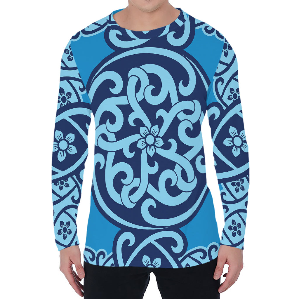 Blue Celtic Symbol Print Men's Long Sleeve T-Shirt