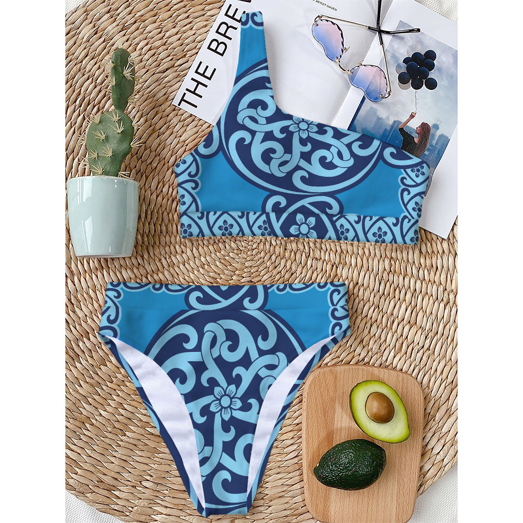 Blue Celtic Symbol Print One Shoulder Bikini Top