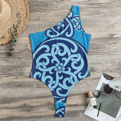 Blue Celtic Symbol Print One Shoulder Bodysuit