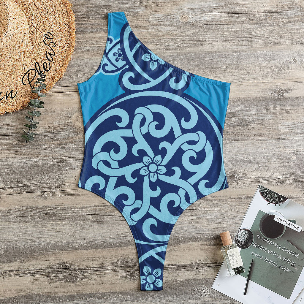 Blue Celtic Symbol Print One Shoulder Bodysuit