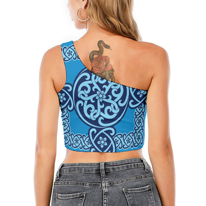 Blue Celtic Symbol Print One Shoulder Crop Top