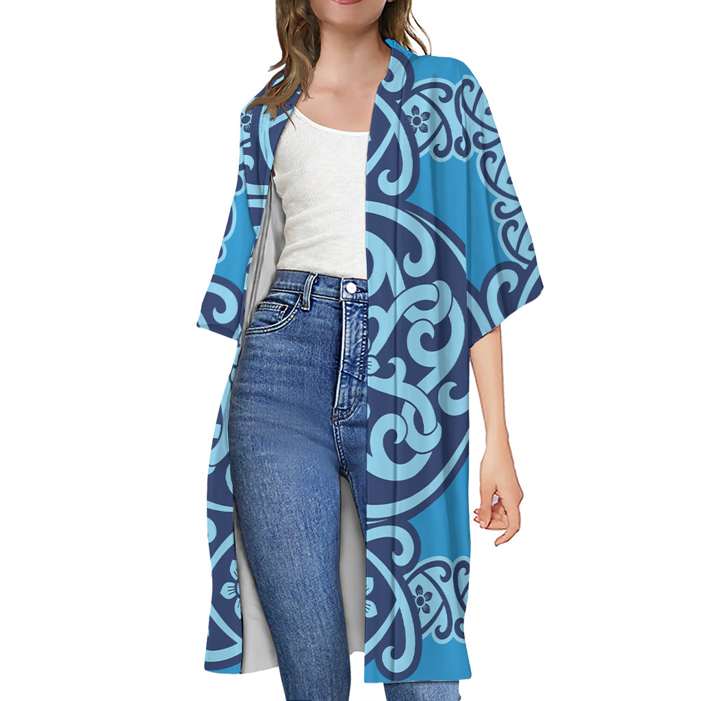 Blue Celtic Symbol Print Open Front Beach Cover Up