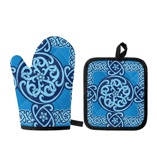 Blue Celtic Symbol Print Oven Mitt And Pot Holder Set