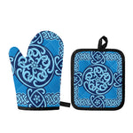 Blue Celtic Symbol Print Oven Mitt And Pot Holder Set