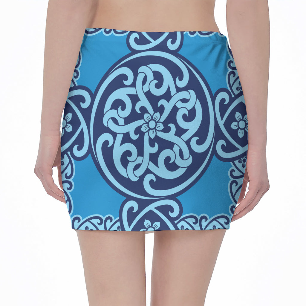 Blue Celtic Symbol Print Pencil Mini Skirt