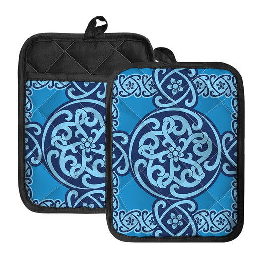 Blue Celtic Symbol Print Pot Holders With Pocket