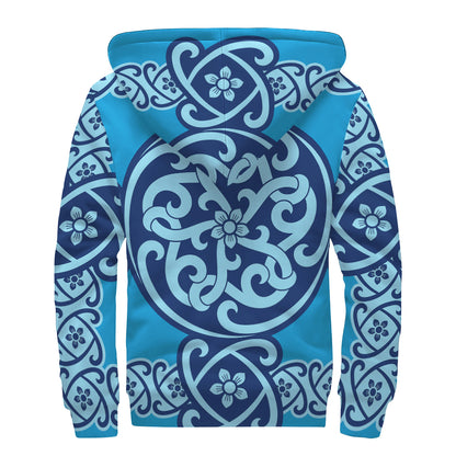 Blue Celtic Symbol Print Sherpa Lined Zip Up Hoodie