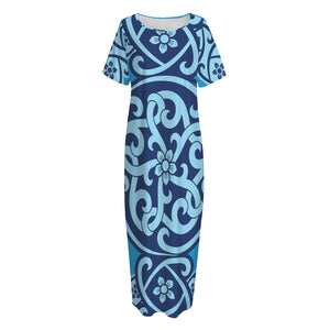 Blue Celtic Symbol Print Short Sleeve Long Nightdress