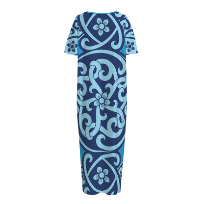 Blue Celtic Symbol Print Short Sleeve Long Nightdress