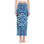 Blue Celtic Symbol Print Side Slit Maxi Skirt