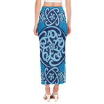 Blue Celtic Symbol Print Side Slit Maxi Skirt