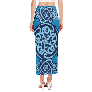 Blue Celtic Symbol Print Side Slit Maxi Skirt