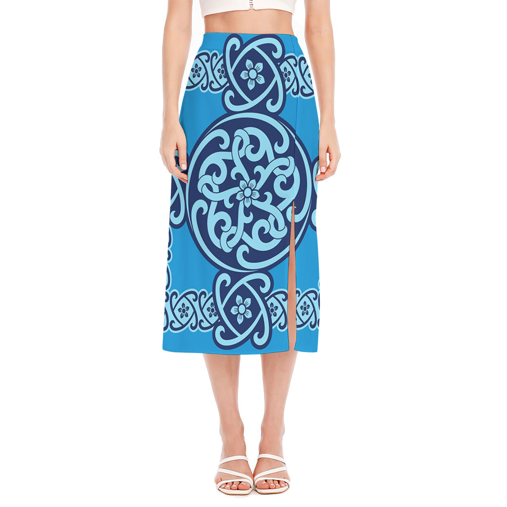 Blue Celtic Symbol Print Side Slit Midi Skirt