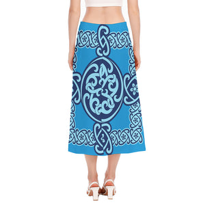 Blue Celtic Symbol Print Side Slit Midi Skirt