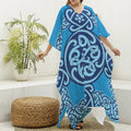 Blue Celtic Symbol Print Silk V-Neck Kaftan Dress