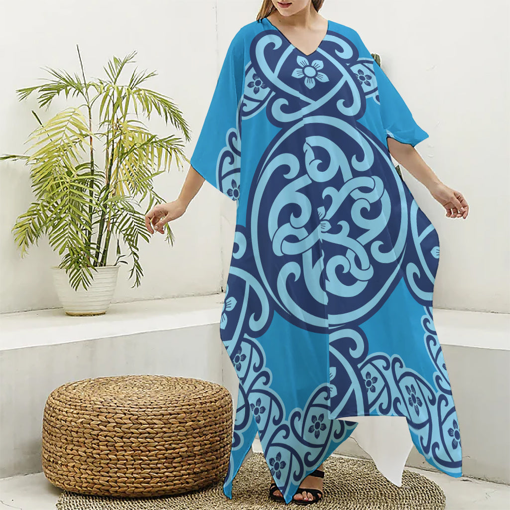 Blue Celtic Symbol Print Silk V-Neck Kaftan Dress