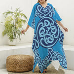 Blue Celtic Symbol Print Silk V-Neck Kaftan Dress