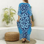 Blue Celtic Symbol Print Silk V-Neck Kaftan Dress
