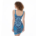 Blue Celtic Symbol Print Sleeveless Bodycon Dress
