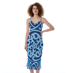 Blue Celtic Symbol Print Slim Fit Midi Cami Dress