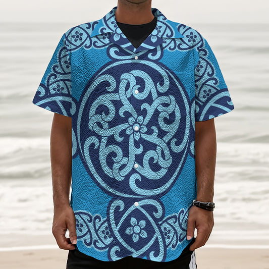 Blue Celtic Symbol Print Textured Short Sleeve Shirt