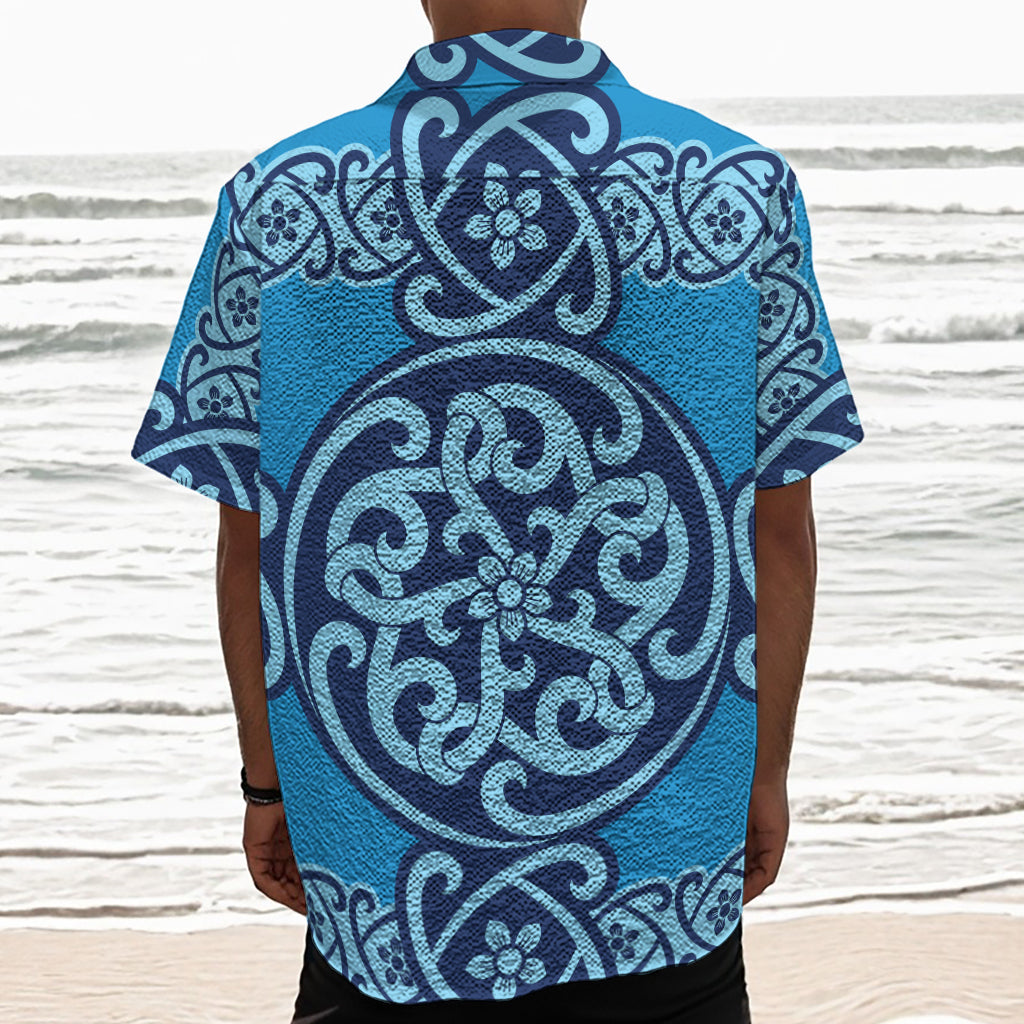 Blue Celtic Symbol Print Textured Short Sleeve Shirt