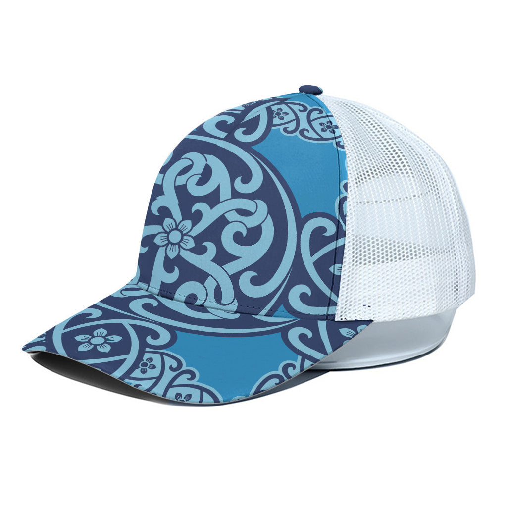 Blue Celtic Symbol Print White Mesh Trucker Cap