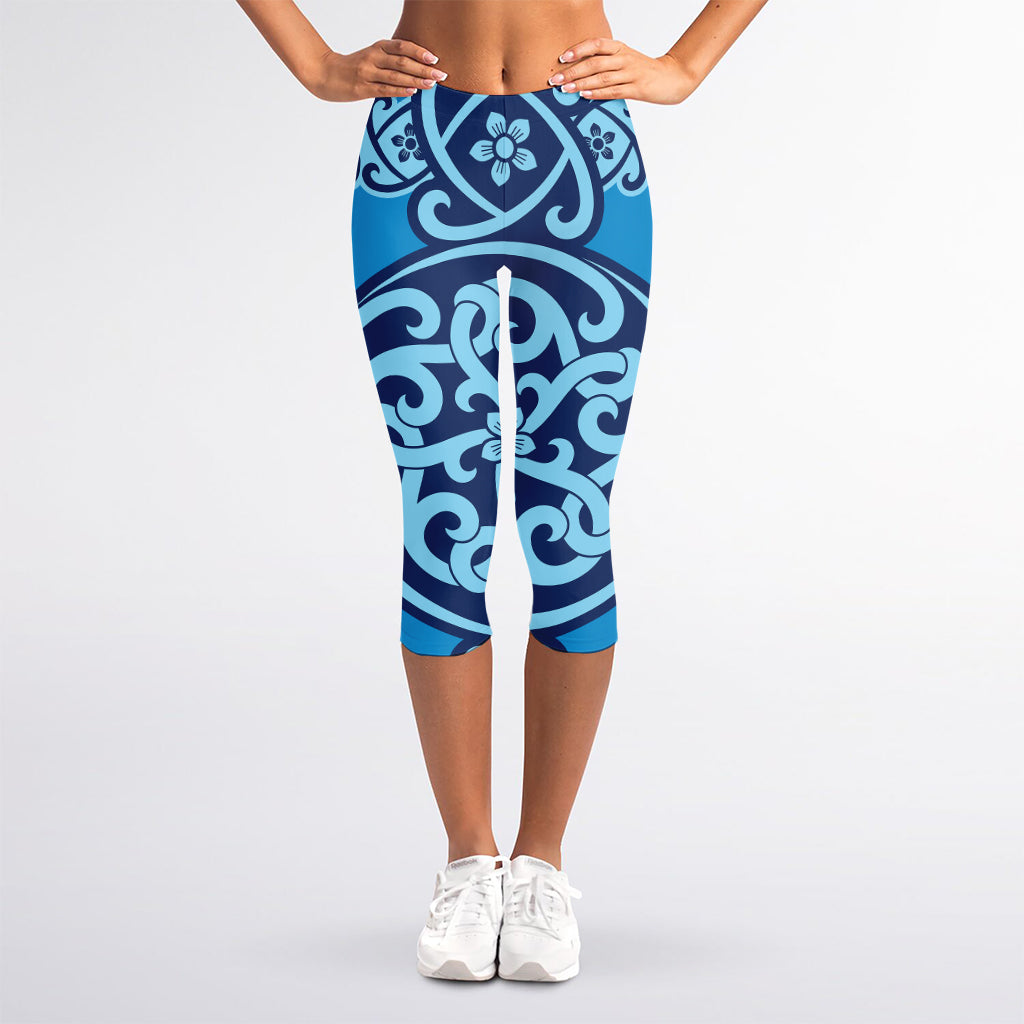 Blue Celtic Symbol Print Women's Capri Leggings