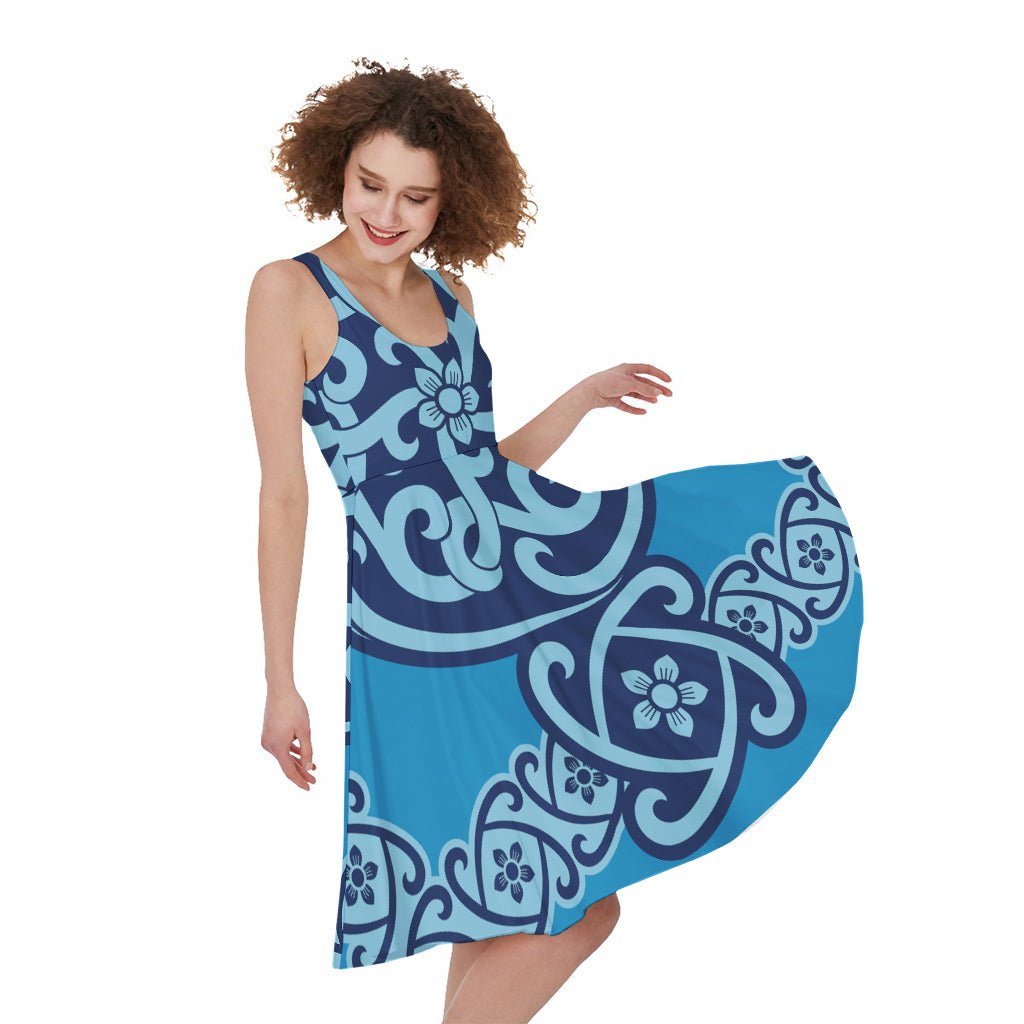 Blue Celtic Symbol Print Women's Sleeveless Dress