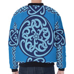 Blue Celtic Symbol Print Zip Sleeve Bomber Jacket