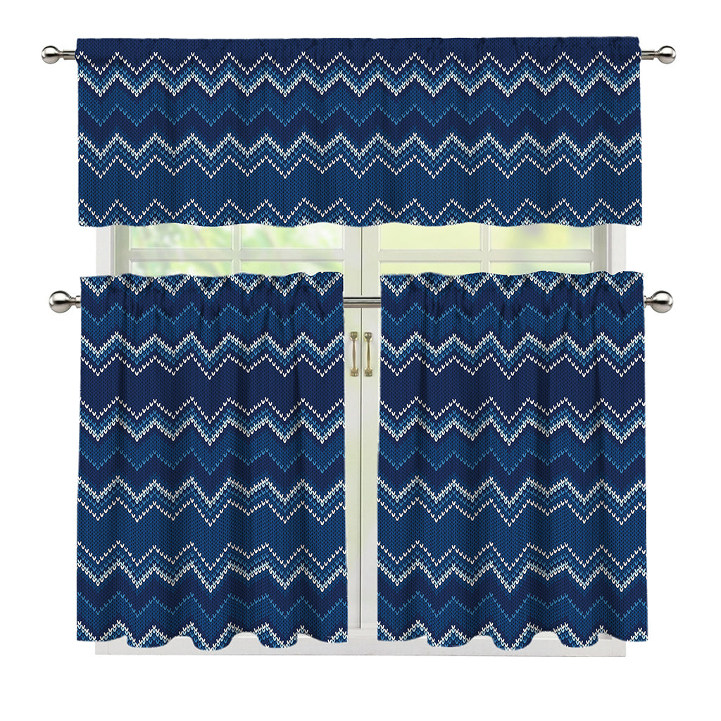 Blue Chevron Knitted Pattern Print 3 Piece Kitchen Curtains