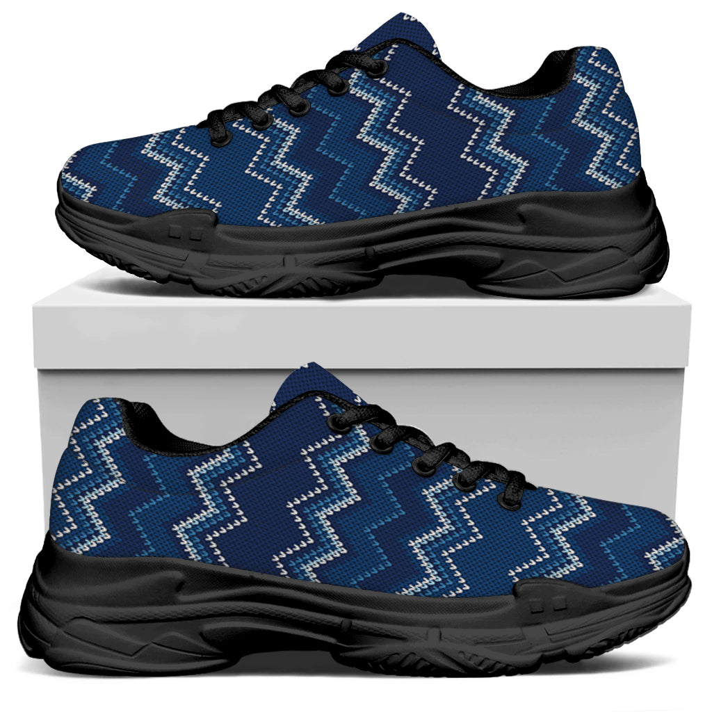 Blue Chevron Knitted Pattern Print Black Chunky Shoes