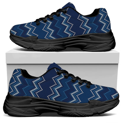 Blue Chevron Knitted Pattern Print Black Chunky Shoes