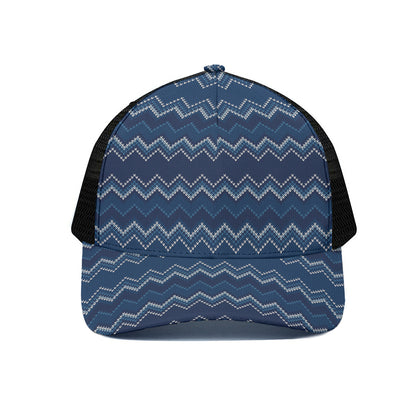Blue Chevron Knitted Pattern Print Black Mesh Trucker Cap